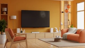 Modern living room with orange accents.