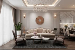 Elegant living room with chandelier and decor.