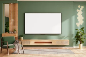 Modern living room with wall-mounted TV.