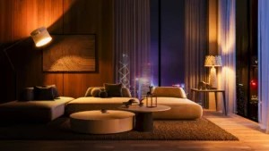 Modern living room with city skyline view.