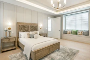 Modern bedroom with wooden bed and window seat.