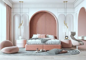 Modern bedroom with pink and white decor.