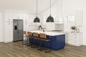 Modern kitchen with island and pendant lights.
