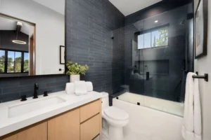 Modern bathroom with glass shower enclosure.