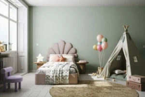 Children's bedroom with bed and play tent.