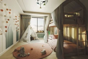 Cozy children's room with bunk bed.