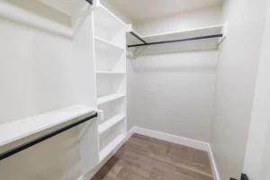 Empty walk-in closet with wooden floor.