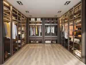 Spacious walk-in closet with organized clothing.