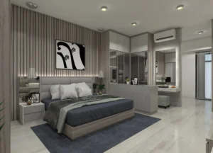 Modern bedroom with gray and wood accents.