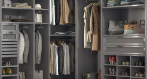 Organized closet with clothes and accessories.