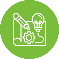 Pencil, lightbulb, gear on green background.