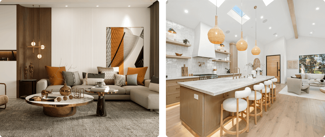 Modern living room and kitchen interior design.