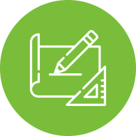 Pencil, blueprint, ruler icon on green background.