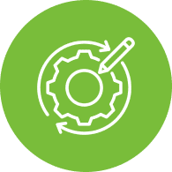 Gear and pencil icon on green background.