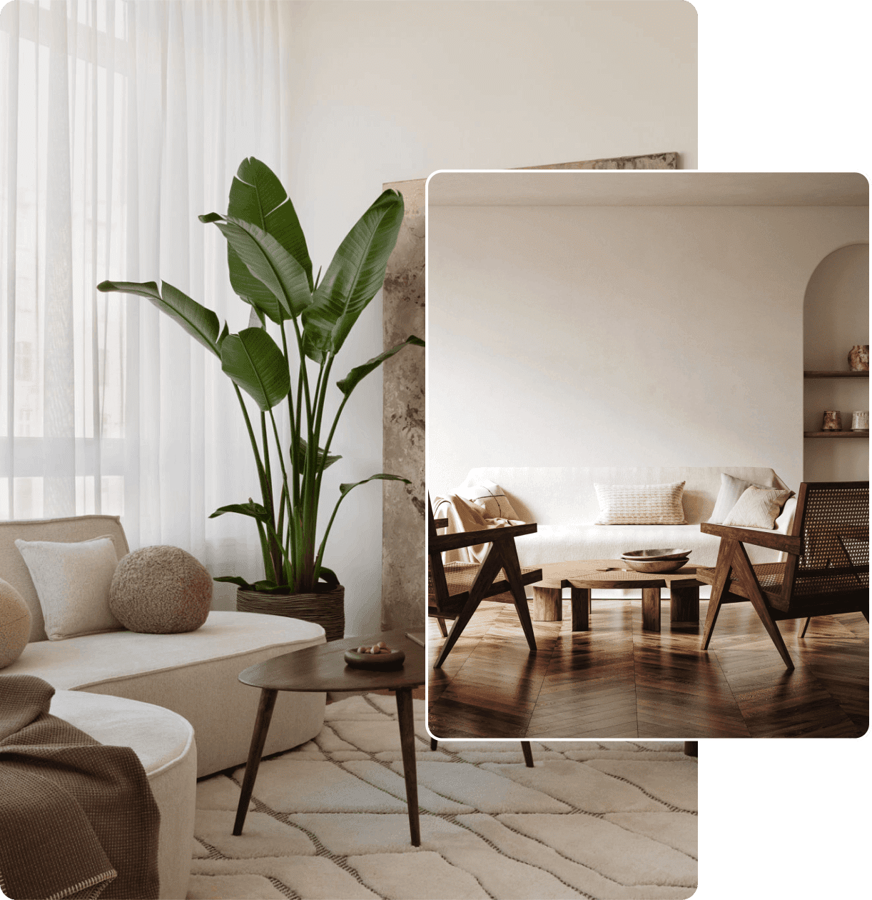 Modern living room with plants and furniture.