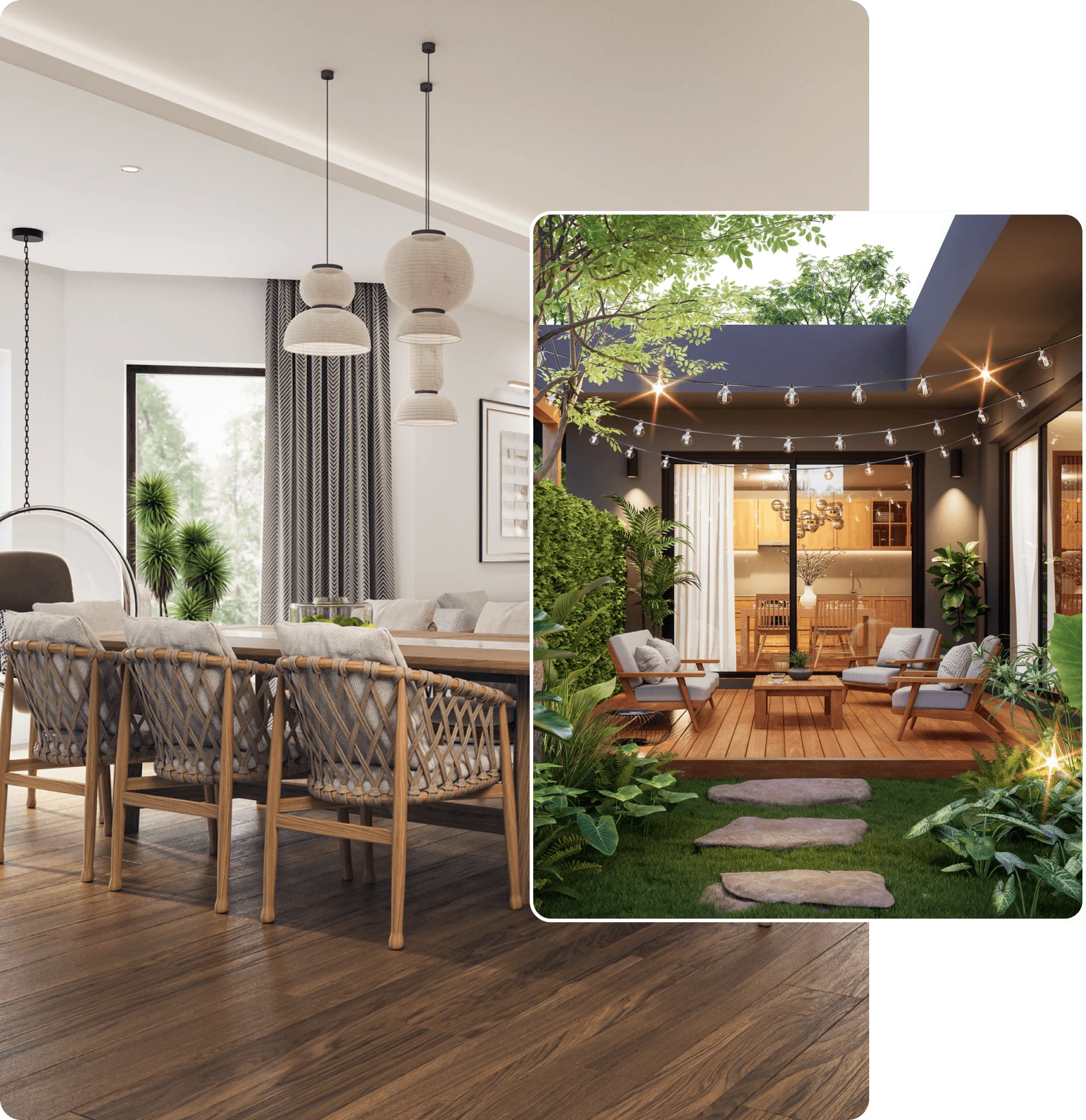 Modern dining room and cozy outdoor patio.