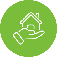Hand holding a house icon, green background.