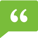 Green speech bubble with black quotation marks.