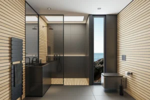 Modern bathroom with ocean view and wood accents.