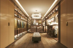 Luxurious walk-in closet with elegant lighting.