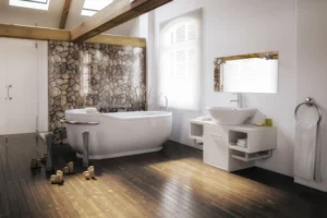 Modern bathroom with bathtub and wooden accents.