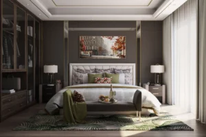 Elegant bedroom with modern decor and artwork.