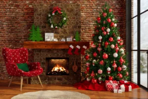 Cozy Christmas scene with tree and fireplace.