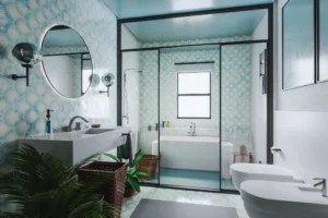 Modern bathroom with blue patterned wallpaper.