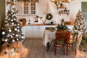 Festive kitchen with Christmas decorations and lights.
